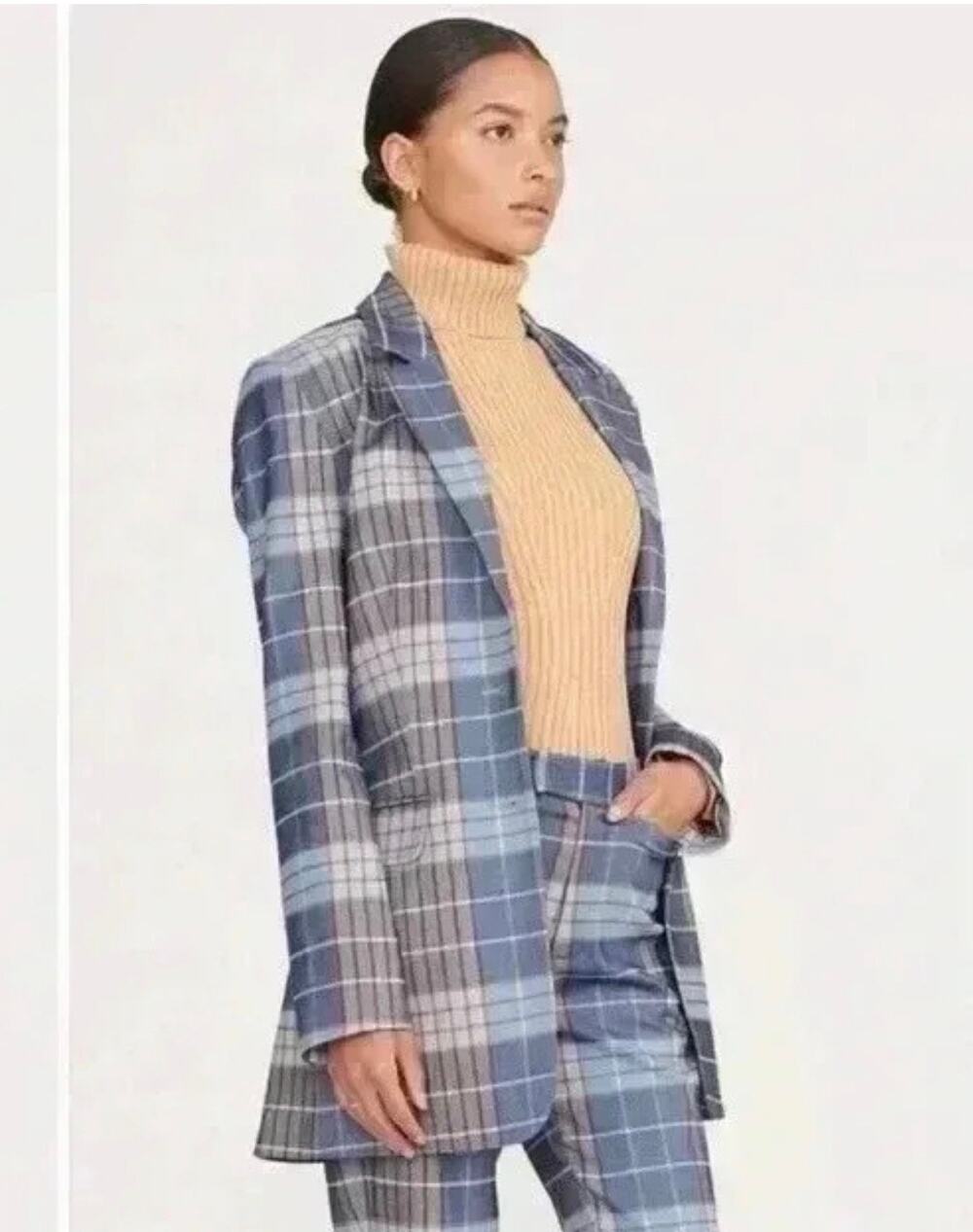 STAUD City Oversized Blazer Plaid Single Breasted Jacket Pirouette Blue